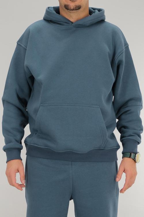 Erkek Oversize Kapüşonlu Sweatshirt Kanguru Cep Petrol Mavisi 3 İplik Şardonlu
