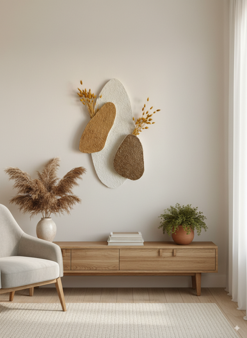 İskandinav 3 boyutlu beton görünümlü duvar dekoru/bohem 2'li duvar vazolu dekor 68x38 cm