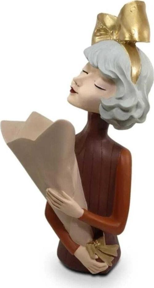 Dekoratif Buket Tutan Kız Vazo Biblo Kahve Altın
