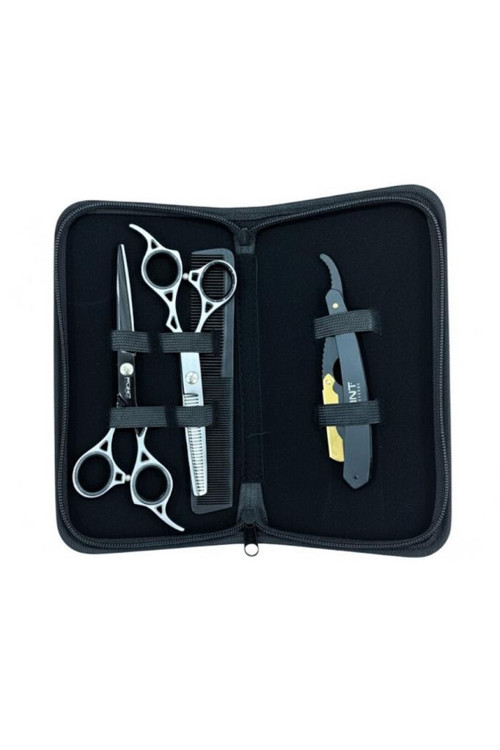 Profesyonel Çantalı 3'lü 6 İnç Düz Makas Ara Makas Ustura Seti Black Gold Siyah Altın