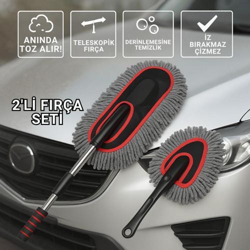 Teleskopik Saplı 2 Adet Temizlik Fırça Seti – İz Bırakmaz, Çizmez Toz Alma – Mikrofiber Temizlik Fırçası