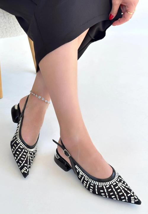 Piyar Siyah Taşlı Topuklu Ayakkabı