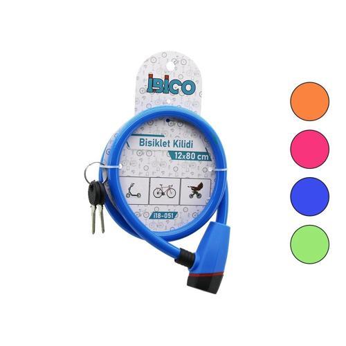 ANAHTARLI PLASTİK KAFA BİSİKLET KİLİT ÇELİK TEL RENKLİ KILIF 12MMX80CM (5365)