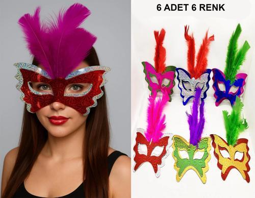 Renkli Parti Maskesi 6'lı | Tüylü Karton Maske Seti (Lastikli) (5365)