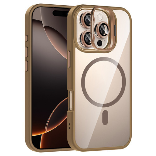 iPhone 16 Pro Max Kılıf Standlı ve Kamera Lens Hediyeli M-Safe Şarj Özellikli MKST Etro Kapak - Desert Titanyum