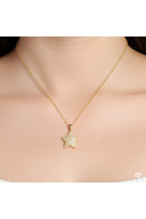 Çelik Zirkon Taşlı Yıldız Model Gold Renk Kadın Kolye(10351)