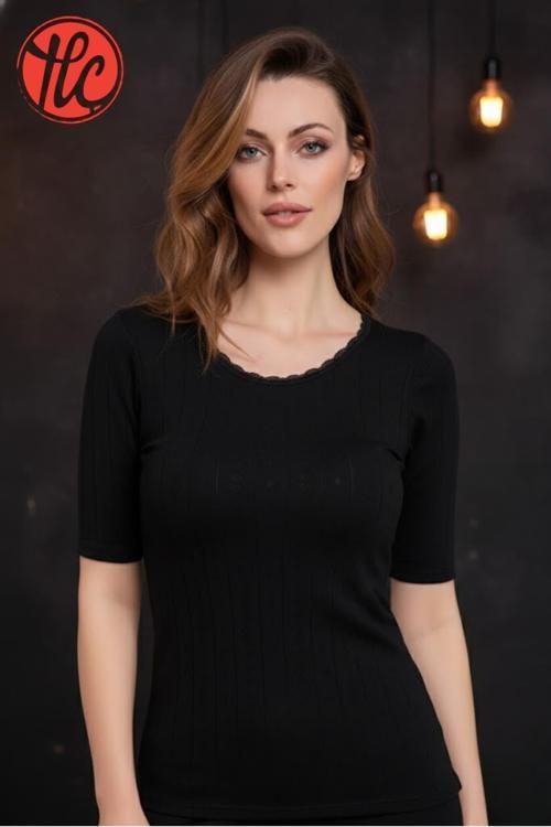 Kadın Hafif Rahat İnce ve Çok Yumuşak Kısa Kollu Jakarlı Dantelli Sıcak Tutan Termal Üst İçlik