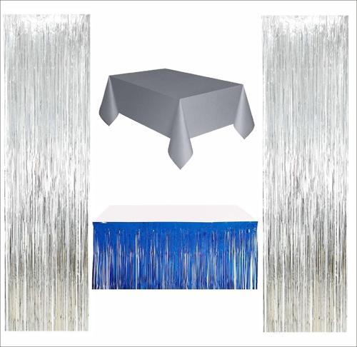 Gümüş Masa Örtüsü, Lacivert Masa Eteği, 2 Adet Gümüş Arka Fon