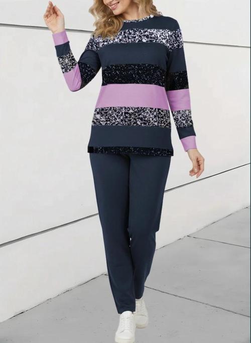 MDB Kadın Uzun Kollu Bisiklet Yaka çizgili Desen Iki Iplik Bluz Ve Pantolon Ikili Takım