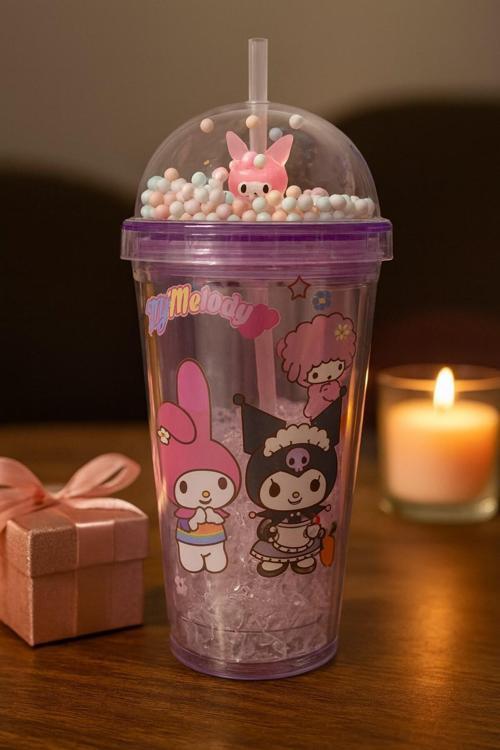 Çocuklar İçin Sevimli Renkli Boncuklu Kuromi Tasarımlı Pipetli İçecek Bardağı Suluk Mor 2647