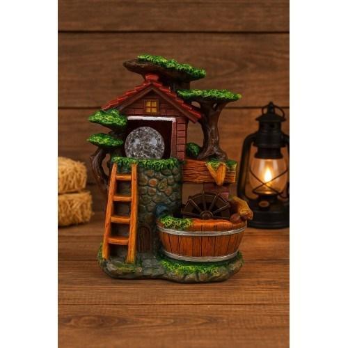 Köy Evi Değirmeni Huzur Veren Su Sesi Şelale Fıskiye LED Işıklı Masaüstü Dekoratif Ev Ofis Biblo K