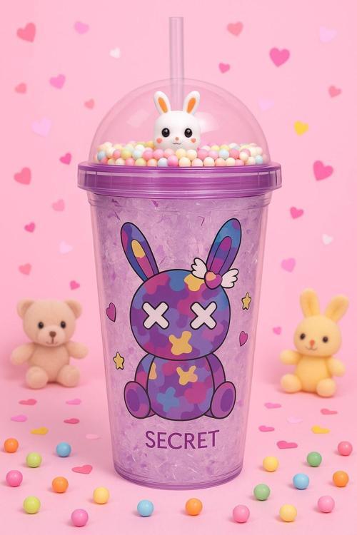 Sevimli Bunny Tavşan Figürlü Renkli Boncuklu Kristal Efektli Tasarım Pipetli Bardak Suluk Mor 2087