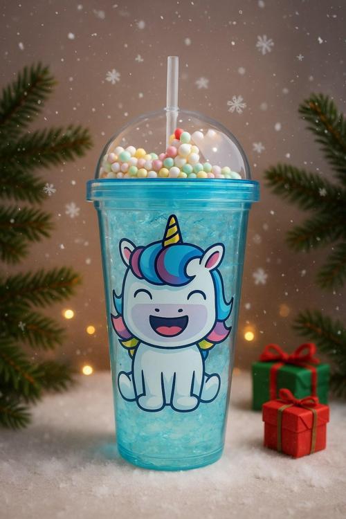 Renkli Boncuklu Unicorn Tasarımlı Pipetli İçecek Bardağı Çocuklar İçin Sevimli Suluk Mavi 2646