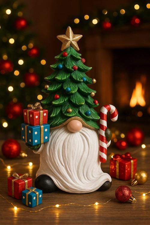 Noel Baba Sakallı Çam Ağacı Figürlü Yılbaşı Christmas El Yapımı Süs Polyester Hediye Biblo 19 Cm