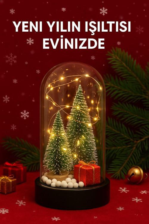 Yeni Yıl Ruhunu Yansıtan Led Işıklı 2 Li Yılbaşı Kar Efektli Çam Ağacı Hediye Paketi Temalı Fanus