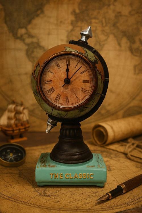 Nostaljik Klasik Prestijli Çalışma Masanıza Masa Saati Biblosu Dünya Küresi Antika Saat 19 Cm-Y
