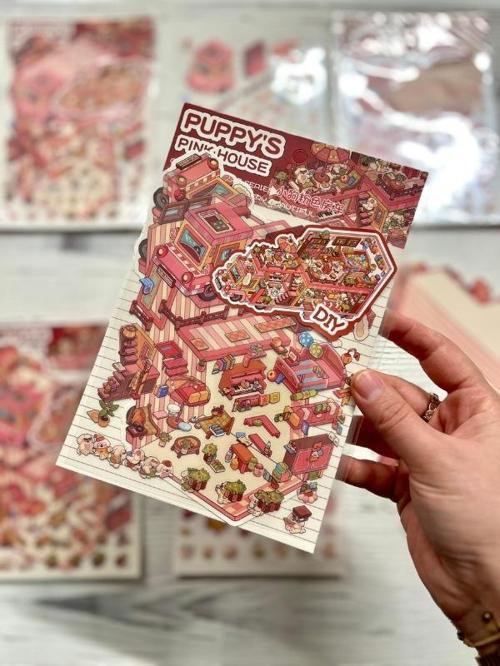 DIY Pembe Köpek Karavanı 3D Diorama İzometrik Sticker Seti/97 Adet Sticker+Karavan Kartonu