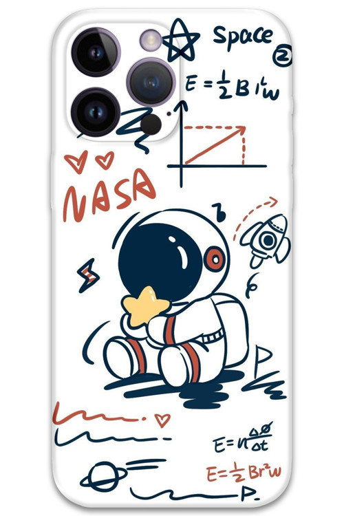 İphone 14 Pro Max Uyumlu Astronot Desenli Telefon Kılıfı + Ekran Koruyucu - 5858
