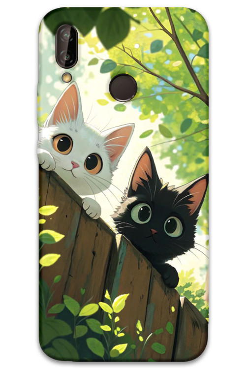 Huawei P Smart 2019 Uyumlu Kedi Desenli Telefon Kılıfı + Ekran Koruyucu - 5785
