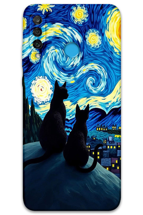 Huawei P30 Lite Uyumlu Kedi Desenli Telefon Kılıfı + Ekran Koruyucu - 5782