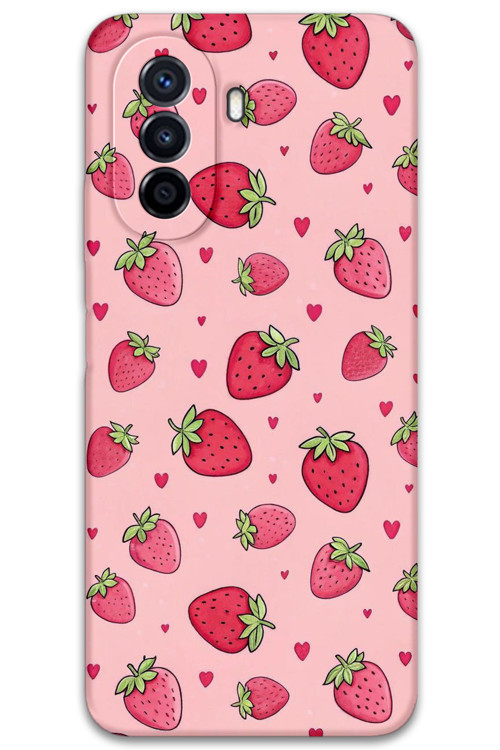 Huawei Nova Y70 Uyumlu Çilek Desenli Telefon Kılıfı + Ekran Koruyucu - 5804