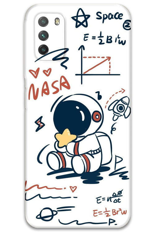 Xiaomi Redmi 9T Uyumlu Astronot Desenli Telefon Kılıfı + Ekran Koruyucu - 5858
