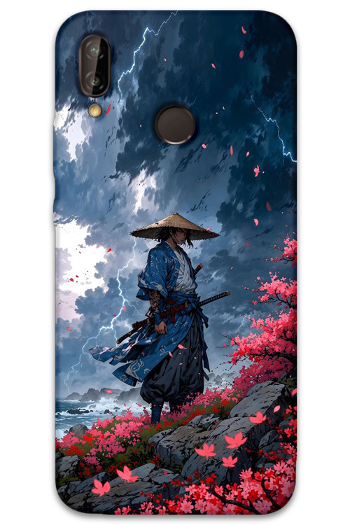 Huawei P20 Lite Uyumlu Samuray Desenli Telefon Kılıfı + Ekran Koruyucu - 5825