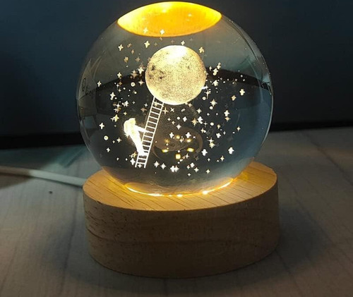 3D Kristal Cam Küre Ahşap Kaideli Gece Lambası - Astronot ve Ay