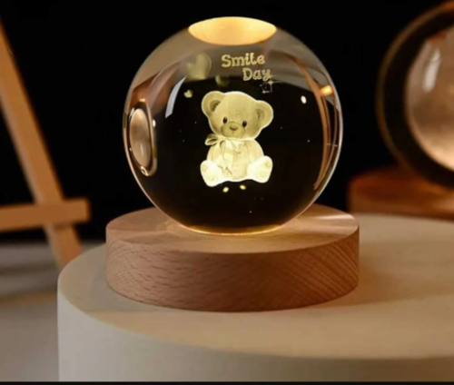 3D Kristal Cam Küre Ahşap Kaideli Gece Lambası - Ayıcık