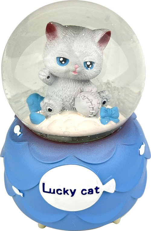 Lucky Cat - Şanslı Kedi Işıklı ve Müzikli Kar Küresi Mavi