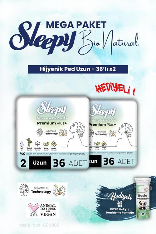 2 adet Mega Paket Uzun 36'lı Bio Natural Hijyenik Ped ve ROSIE makyaj pamuk