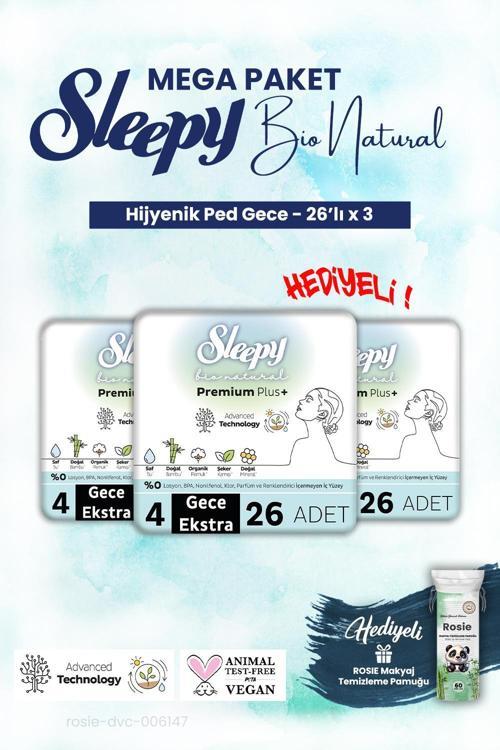 3'lü Bio Natural Gece 26'lı Hijyenik Ped Mega Paket ve ROSIE makyaj pamuk