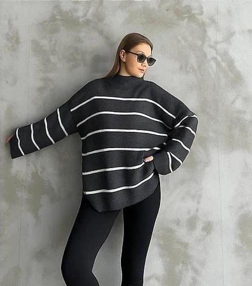 Çizgili ispanyol kol triko boğazlı kazak antrasit elf