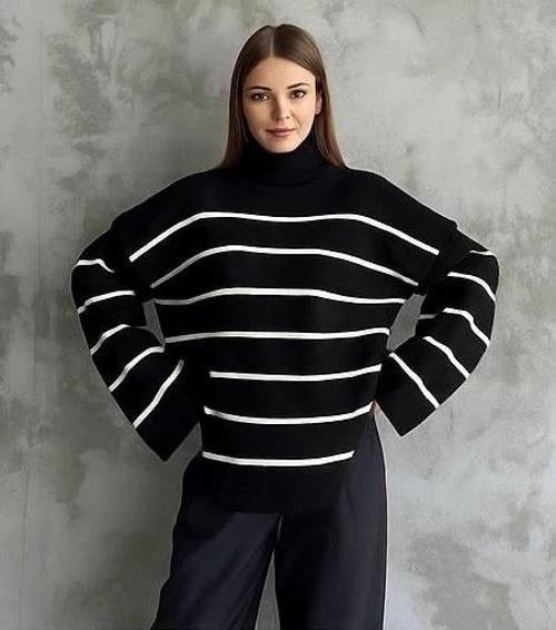 Çizgili ispanyol kol triko boğazlı kazak siyah elf