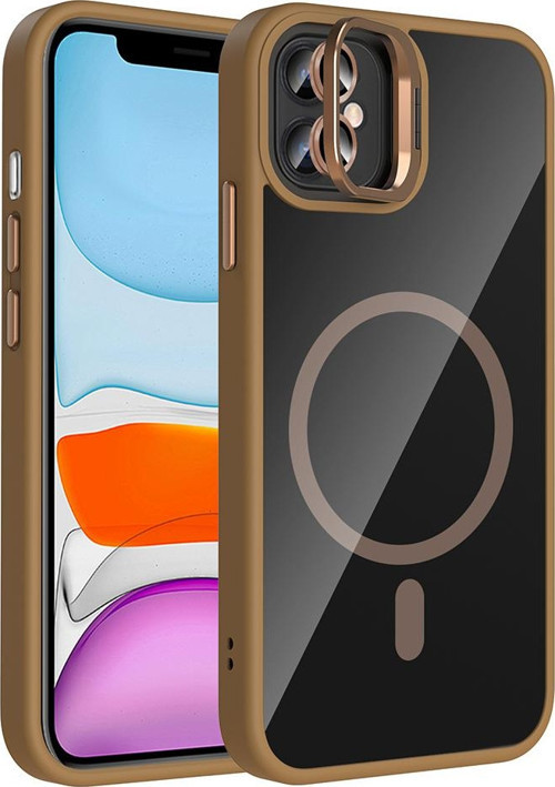iPhone 11 Kılıf Standlı ve Kamera Lens Hediyeli M-Safe Şarj Özellikli MKST Etro Kapak - Desert Titanyum