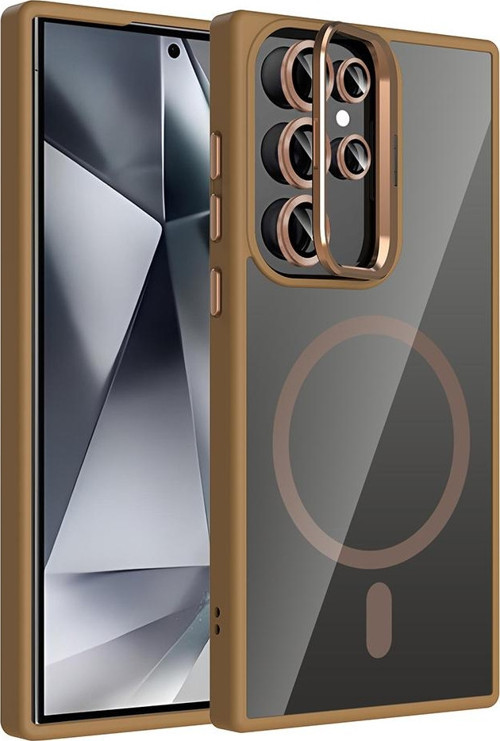 Galaxy S24 Ultra Kılıf Standlı ve Kamera Lens Hediyeli M-Safe Şarj Özellikli MKST Etro Kapak - Desert Titanyum