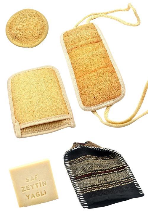5`li Banyo Hamam Kese Seti Doğal Kabak Lifi Yüz + Vücud + Sırt + Sabun + Kese // Set10