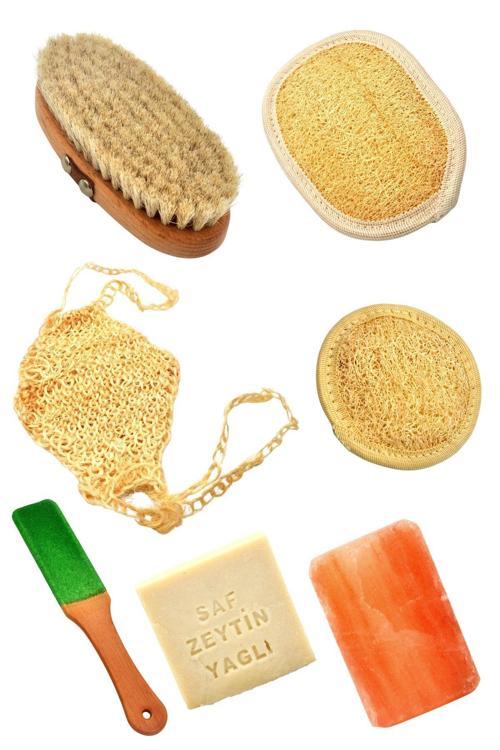 7'li Kişisel Bakım ve Banyo Seti (Kabak Lif + Sabun + At Kılı Fırçası + Tuz Sabunu + Topuk Törpüsü)