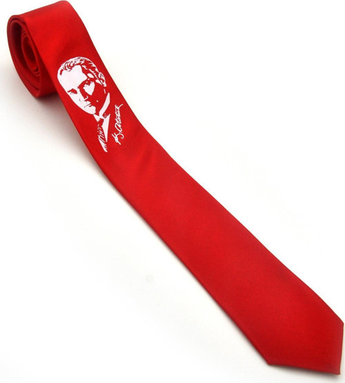 Atatürk Portre ve İmza Baskılı Slim Fit Saten Kırmızı Kravat - AK-08