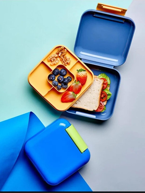 2 Katlı Mini Kare Öğrenci Beslenme Kabı Yemek Saklama Kutusu Lunch Box Mavi