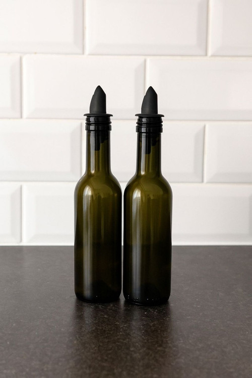 2'Li Yuvarlak Yeşil Cam Silikon Tıpalı Yağdanlık Sirkelik 21 Cm 250 Ml