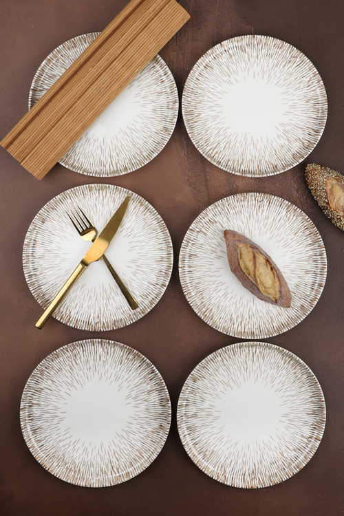 Porselen Çizgi Desen Dijital Baskı 6'Lı Pasta Tabağı 20 Cm
