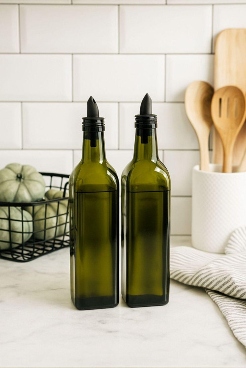 2'Li Silikon Tıpalı Yeşil Cam Yağdanlık Sosluk Yağ Şişesi 29 Cm 500 Ml