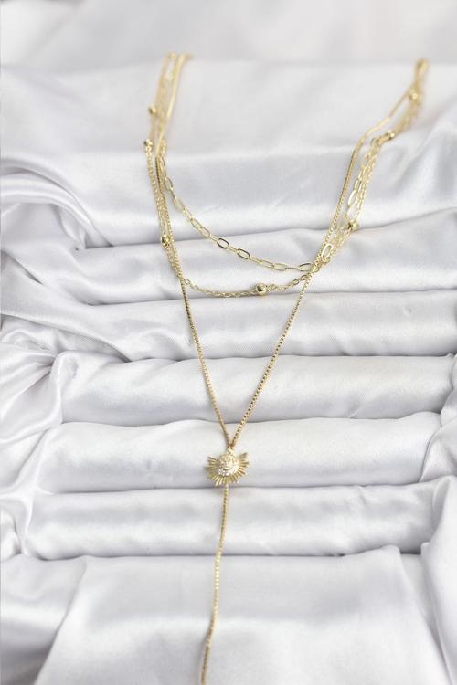 Zarif Boyunlar için Golden Pirinç Zirkonlu Güneş Üçlü Kombin Y Kadın Kolye