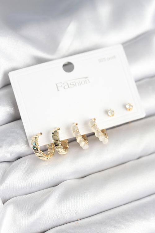 Zarif Kulaklar için Golden Pirinç Halka Tip 925 Silver Çivili Küpe Seti