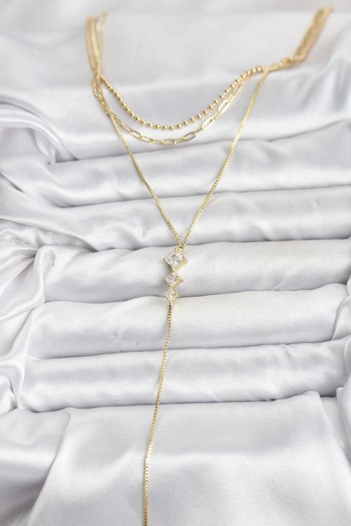 Zarif Boyunlar için Golden Pirinç Zirkonlu Üçlü Kombin Kadın Kolye