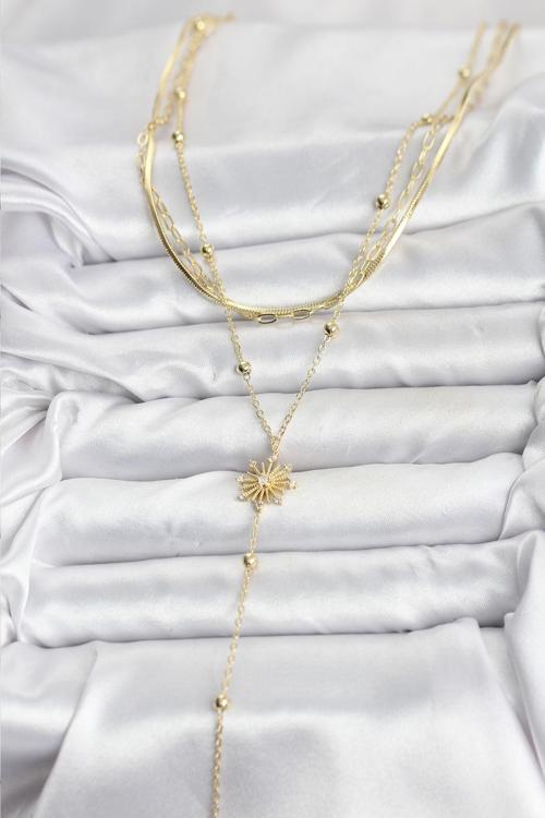 Zarif Boyunlar için Golden Pirinç Zirkonlu Üçlü Kombin Y Kadın Kolye