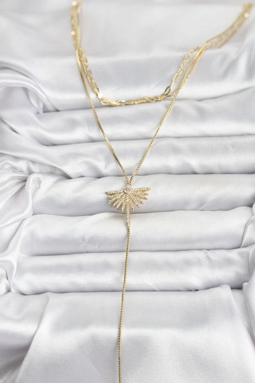 Zarif Boyunlar için Golden Pirinç Zirkonlu Yelpaze Üçlü Kombin Y Kadın Kolye