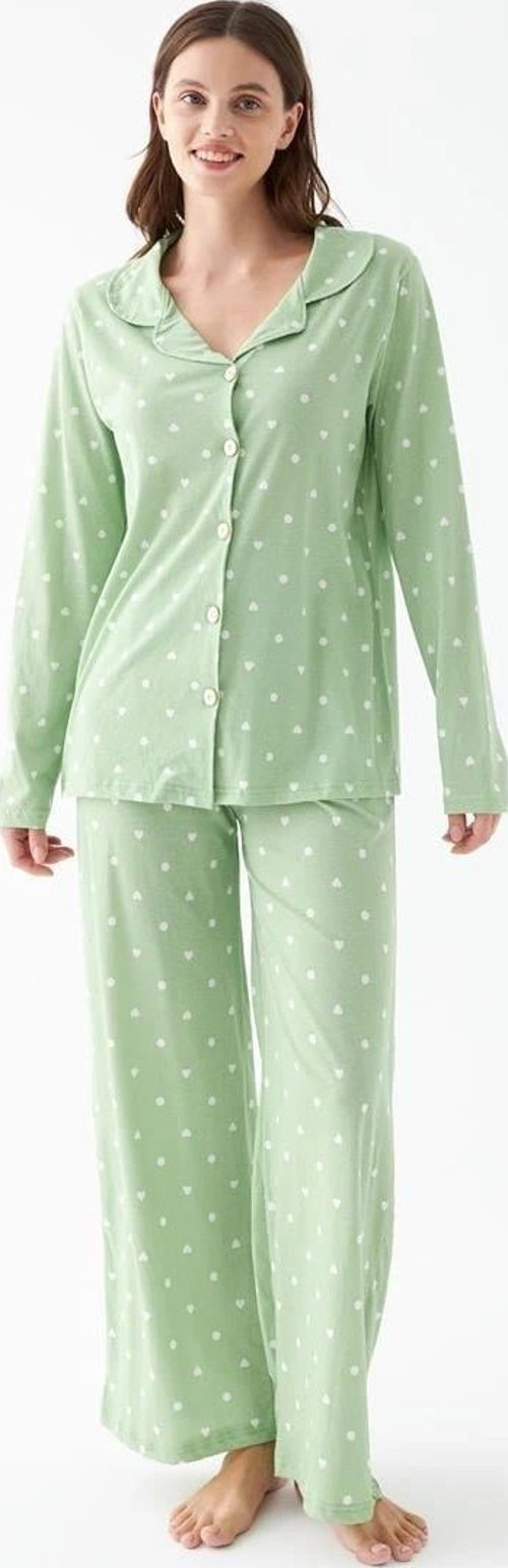 Giyim Kadın Yeşil Kalp Desenli Düğmeli Pamuklu Pijama Takımı