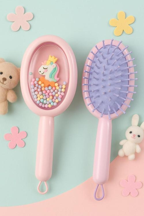 1 Adet Pembe Unicorn Figürlü Renkli Boncuklu Çocuk Saç Tarağı Fırçası Kolay Taranma Saçları Acıtmaz